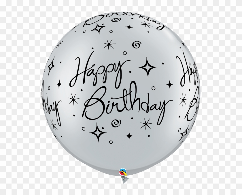 Silver metallic balloon with "Happy Birthday" script and star decorations on transparent background.