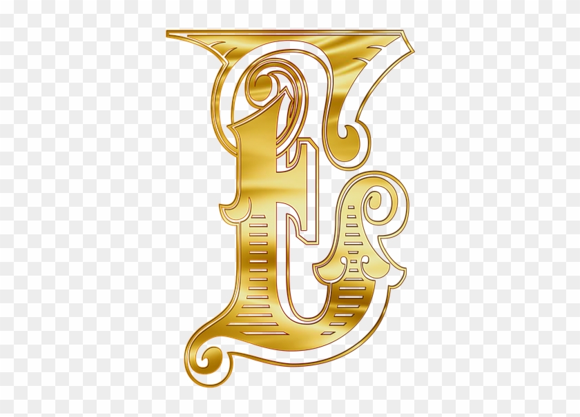 Ornate golden letter "F" in baroque-style calligraphy with flourishes and metallic sheen.
