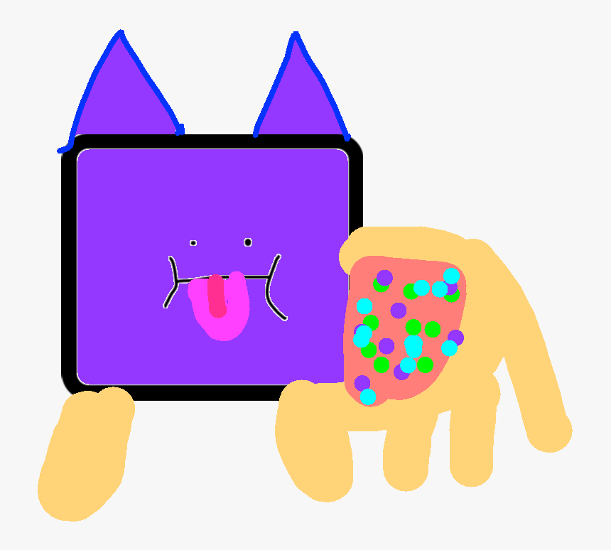 A whimsical purple cat-like character with blue ears sticks out its tongue, next to a tan hand holding a colorful sprinkle-covered treat.