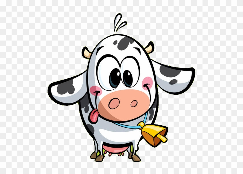 Cute cartoon cow with black spots, pink cheeks, and a yellow bell around its neck, smiling playfully.