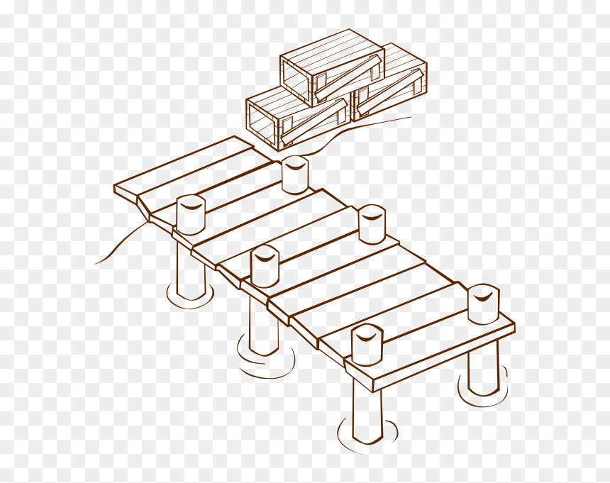 Isometric line drawing of a wooden dock with pilings and stacked crates at the end.
