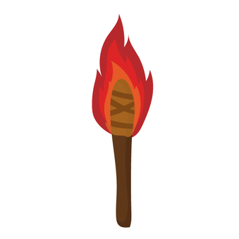 A stylized illustration of a lit matchstick with bright orange and red flames and a brown wooden stick.