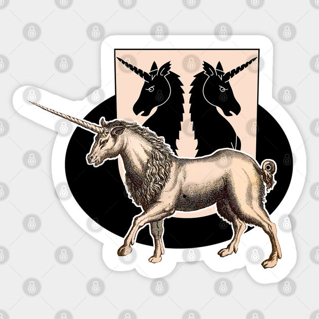 A detailed vintage-style unicorn illustration with a heraldic shield featuring two black unicorns in the background.