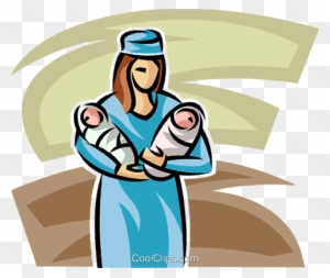 A nurse in blue uniform holding two newborn babies, stylized illustration with soft background shapes.