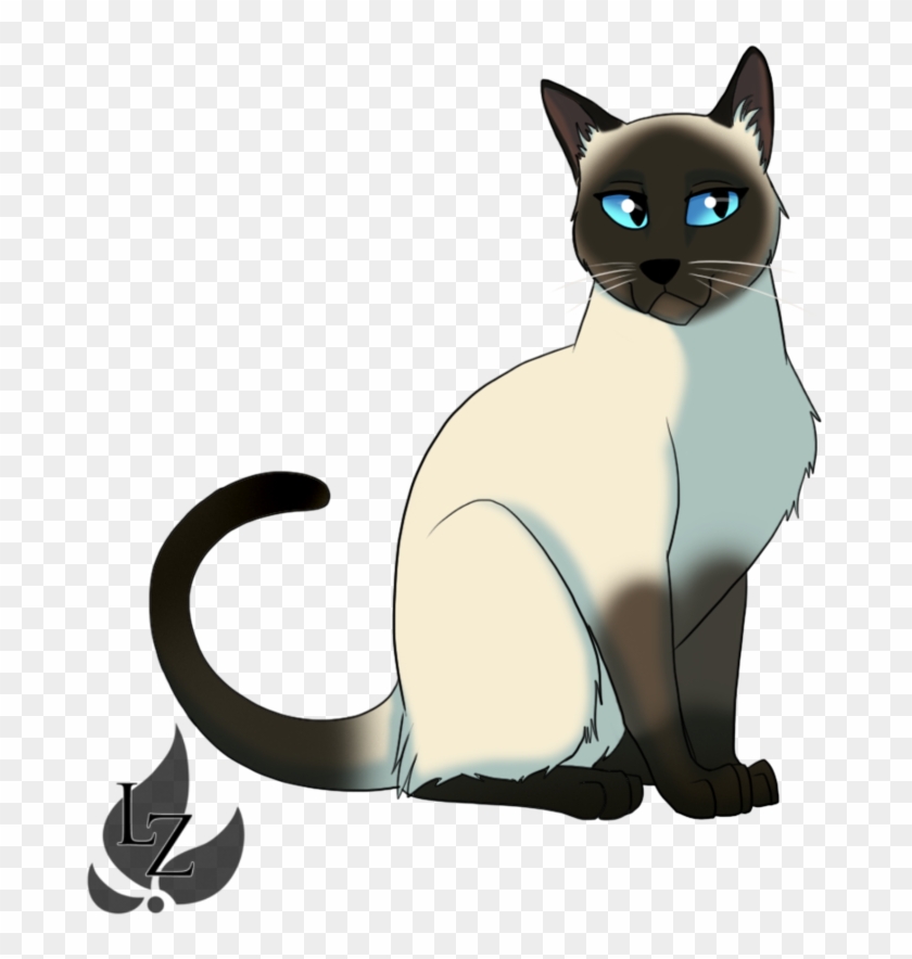 Siamese cat with blue eyes, cream body, dark points, and curled tail, illustrated in digital art style on transparent background.