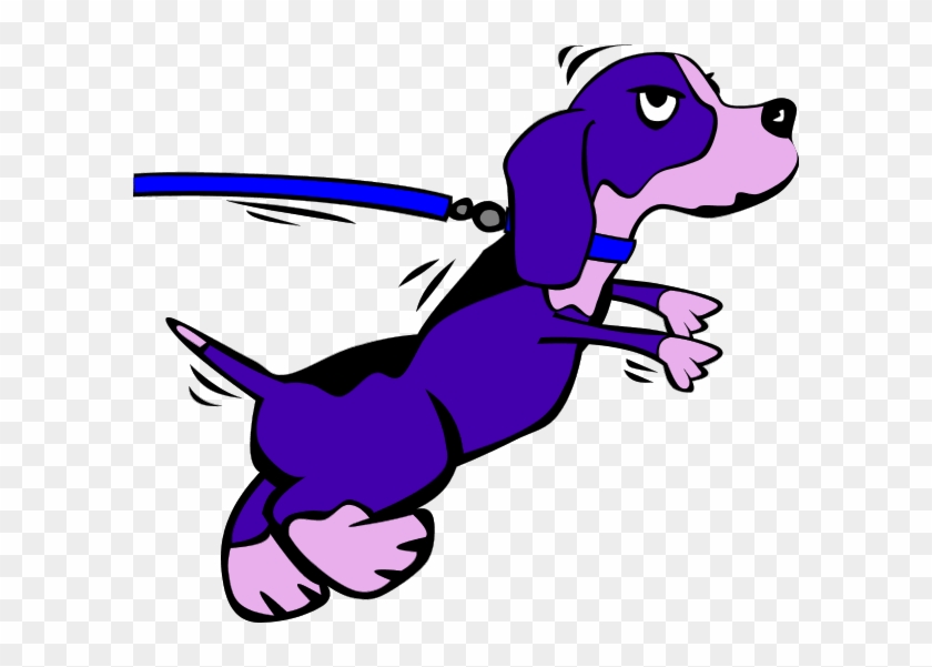 Purple cartoon dog sprinting on a blue leash with determined expression and motion lines.