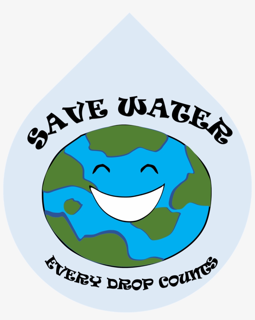 Smiling Earth inside a water droplet with "Save Water, Every Drop Counts" text.