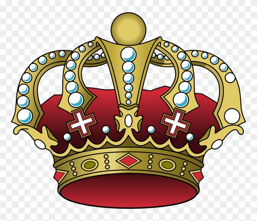 Golden royal crown with red velvet lining, white crosses, and blue gemstones on transparent background.