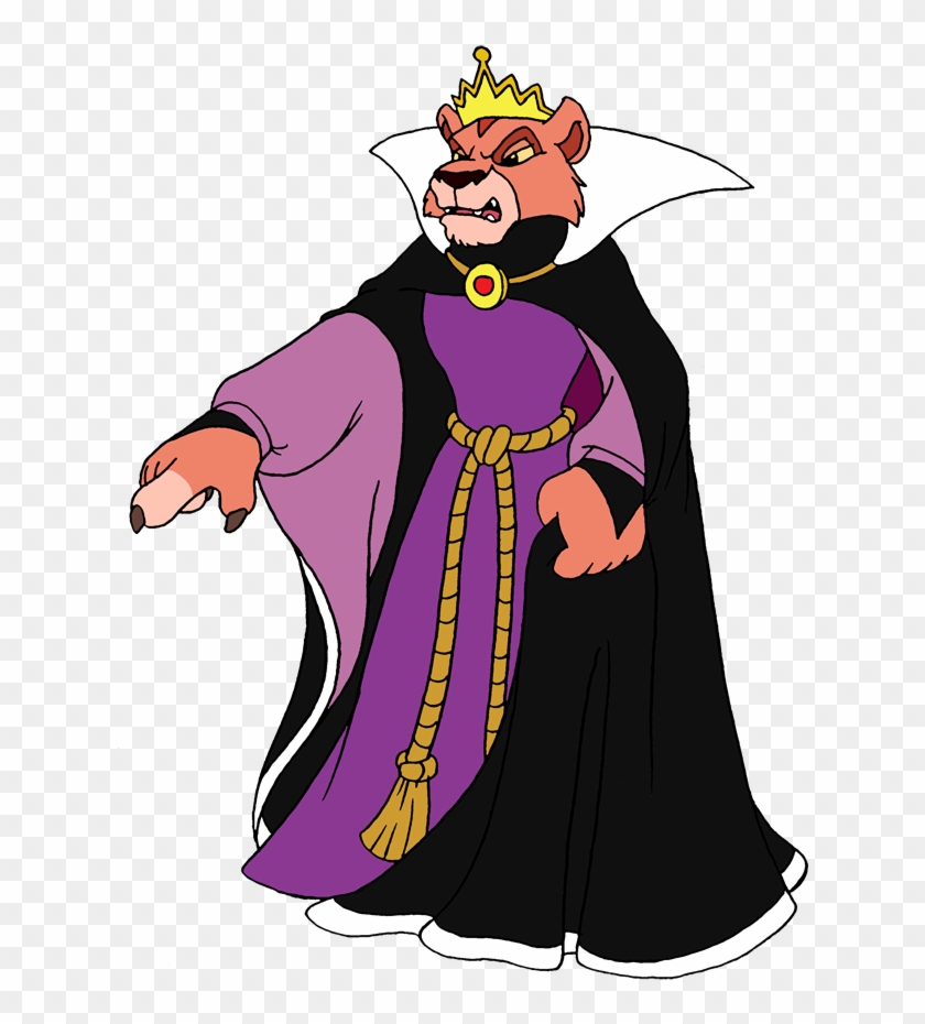 Animated bear king in purple robe, black cape, and gold crown with stern expression.