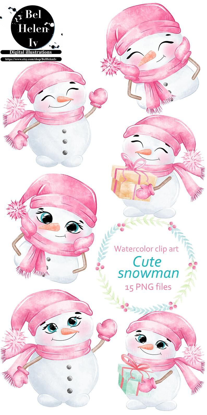 Cute watercolor snowmen in pink hats, scarves, and mittens-some holding gifts, smiling warmly.