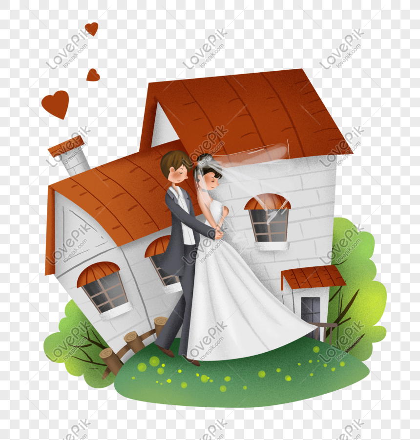 A cartoon bride and groom walking hand-in-hand in front of a cozy cottage with hearts floating above.