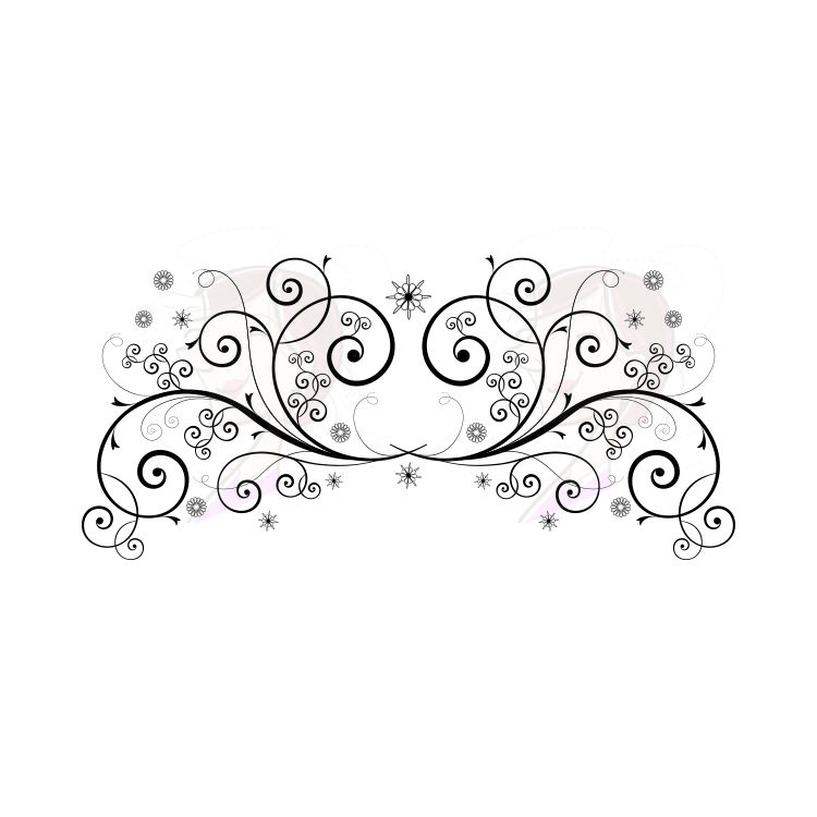 Elegant black-and-white ornamental scrollwork with floral swirls and star-like motifs, symmetrical and decorative.