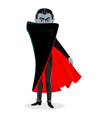 Cartoon vampire in black cape with red lining, pale face, pointed ears, and fangs, standing confidently.