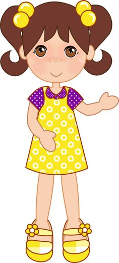 Cheerful cartoon girl with brown pigtails, yellow polka-dot dress, and floral sandals waving hello.