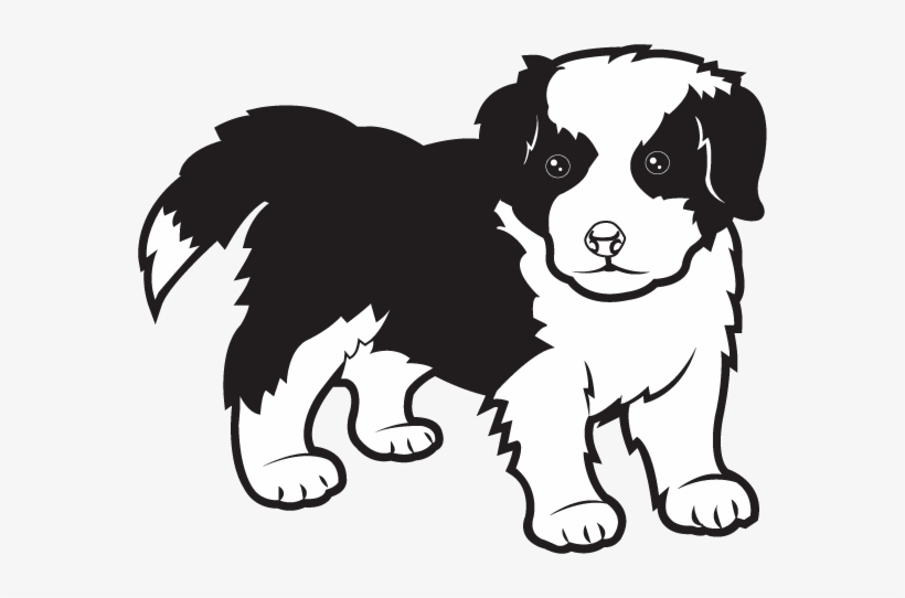 Black and white cartoon puppy with fluffy fur, standing and looking forward.