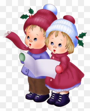 Two cartoon children in winter hats and scarves singing carols from a sheet of music, with holly sprigs on their hats.