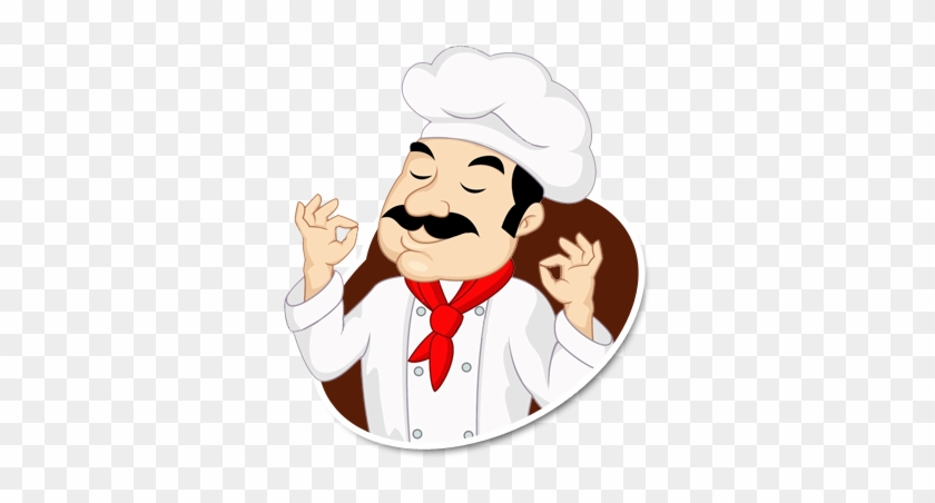 Cartoon chef with mustache, white toque, red neckerchief, making OK gestures with eyes closed in satisfaction.