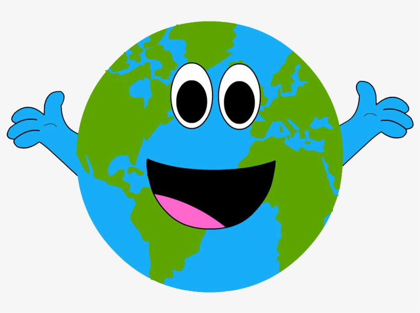 Smiling cartoon Earth with arms raised, green continents and blue oceans, friendly expression.