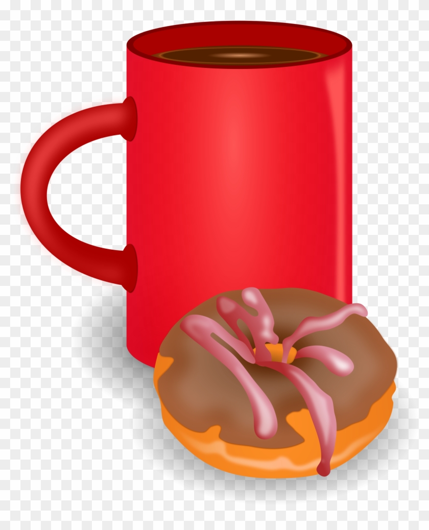 Red coffee mug beside a chocolate-glazed donut with pink icing drizzle, on transparent background.