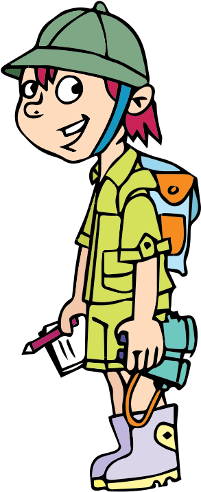A cheerful cartoon girl explorer in green outfit, cap, and backpack, holding a notebook and camera.