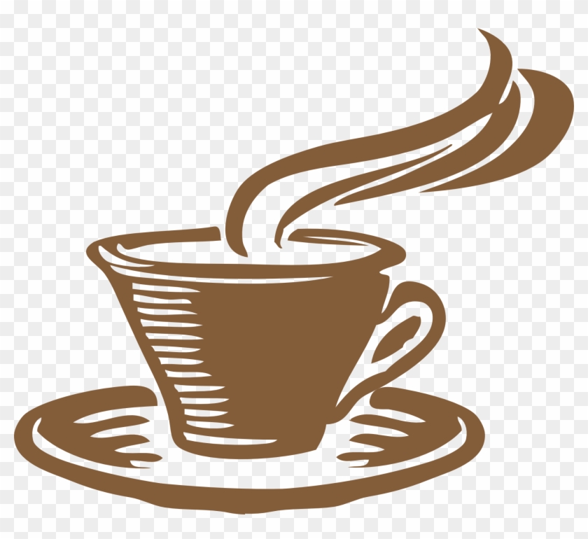 Brown coffee cup with steam rising, on a saucer, stylized vector illustration.