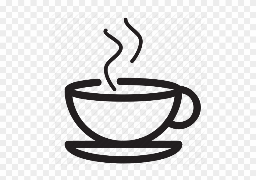 Simple black line icon of a steaming coffee cup on a saucer, representing hot beverage service.