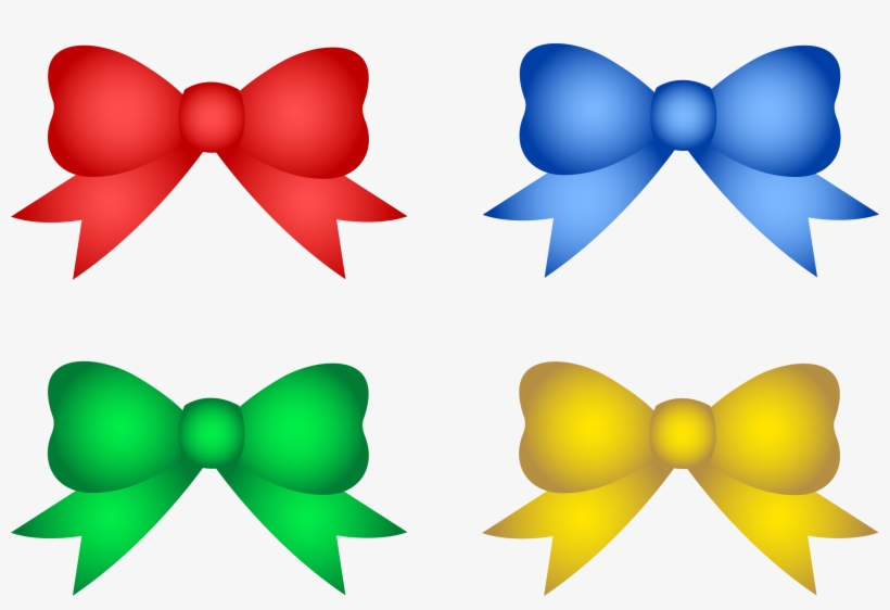 Four glossy decorative bows in red, blue, green, and yellow on a white background.