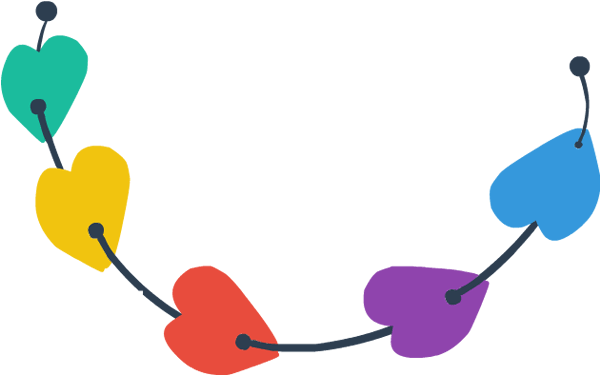 A colorful garland of five heart shapes-teal, yellow, red, purple, and blue-linked by dark gray strings on a black background.