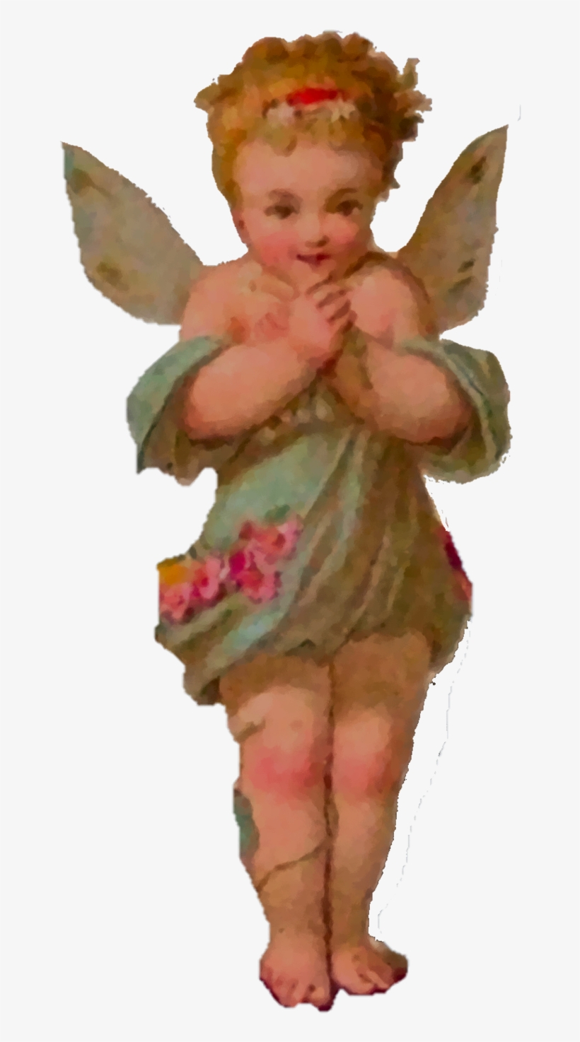 Vintage cherub angel with curly hair, green wings, floral tunic, clasped hands, and joyful expression.