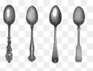Four vintage silver spoons with ornate handles displayed side by side on transparent background.