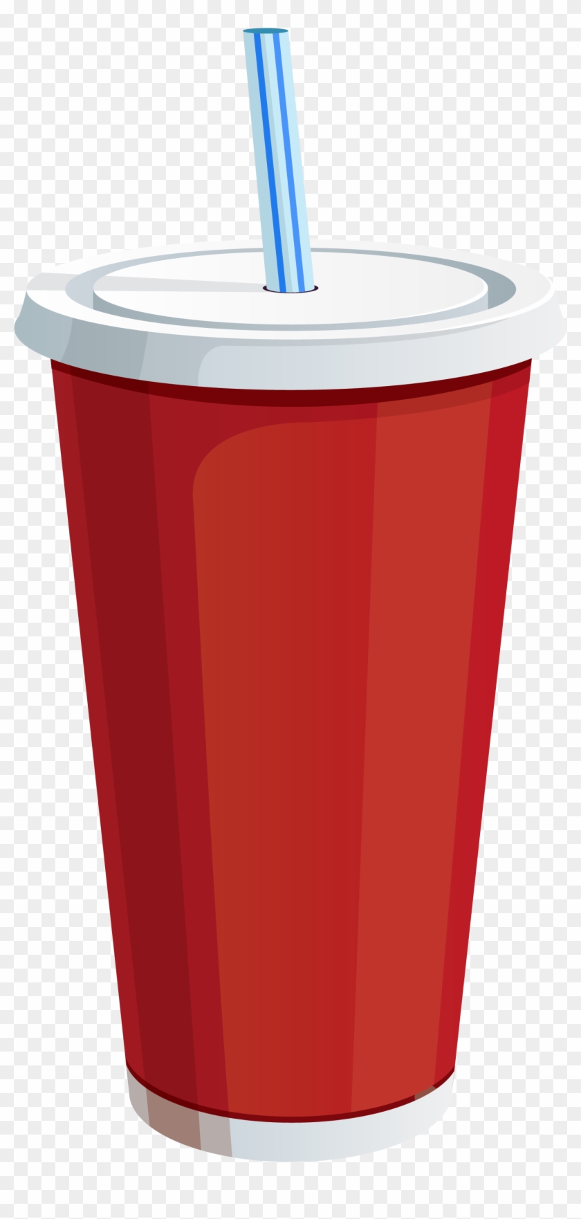 Red plastic soda cup with white lid and blue-striped straw on transparent background.
