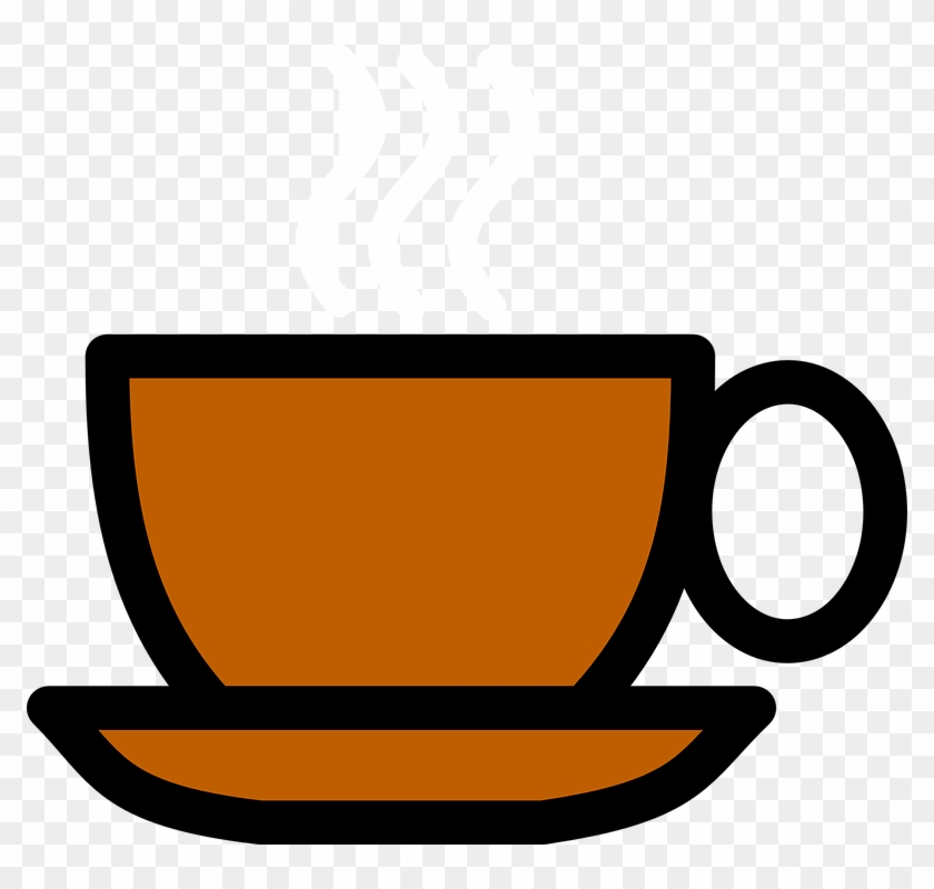 Steaming orange coffee cup on a matching saucer, simple vector illustration.