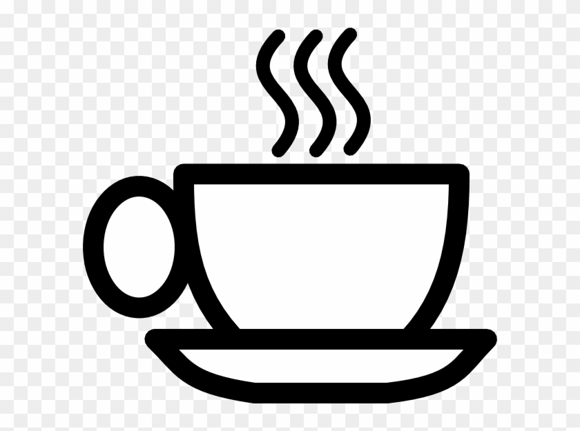 Black-and-white line icon of a steaming coffee cup on a saucer, indicating hot beverage.