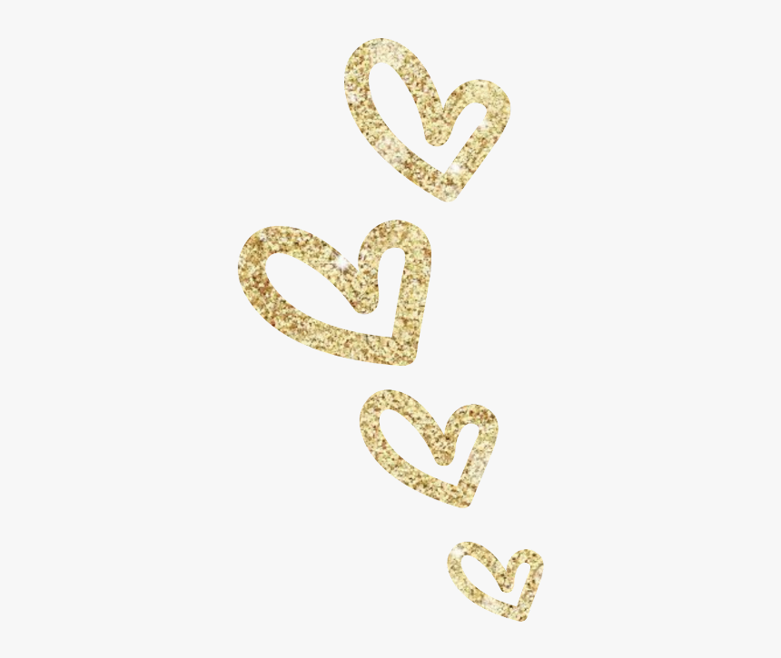 Four glittering gold hearts in descending size, arranged diagonally on white background.