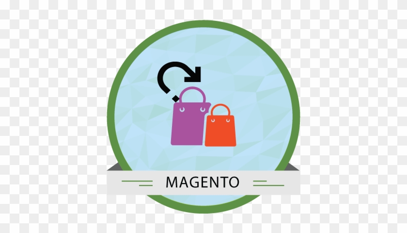 Magento e-commerce logo featuring two shopping bags and a circular arrow, symbolizing returns or exchange functionality.