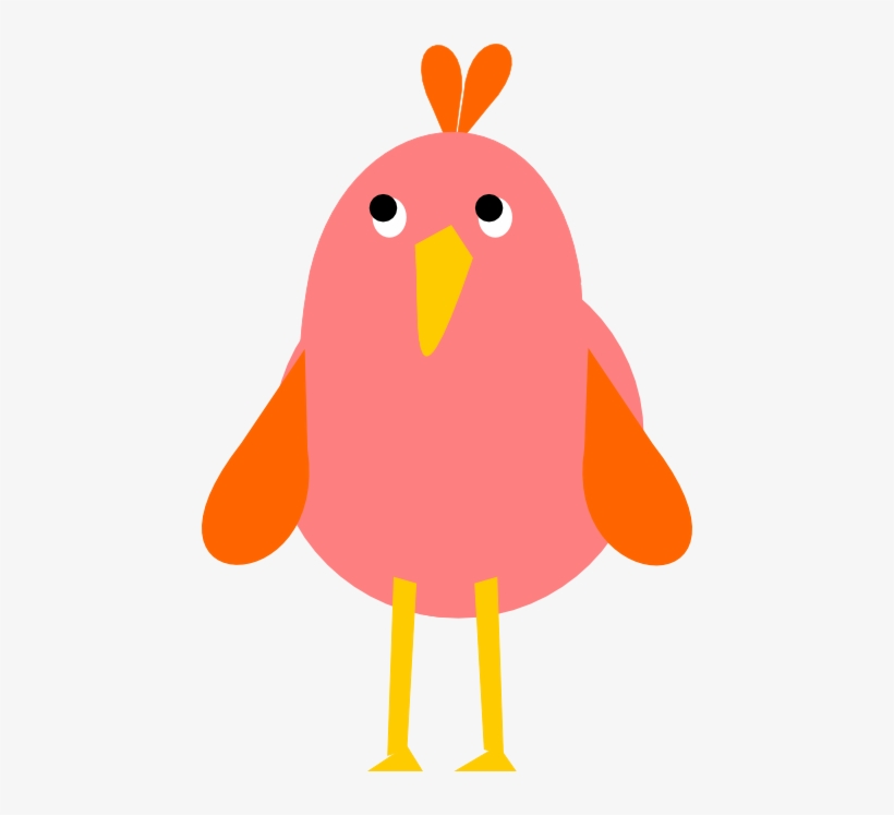 Pink cartoon bird with orange wings, yellow beak and legs, and two orange crest feathers.