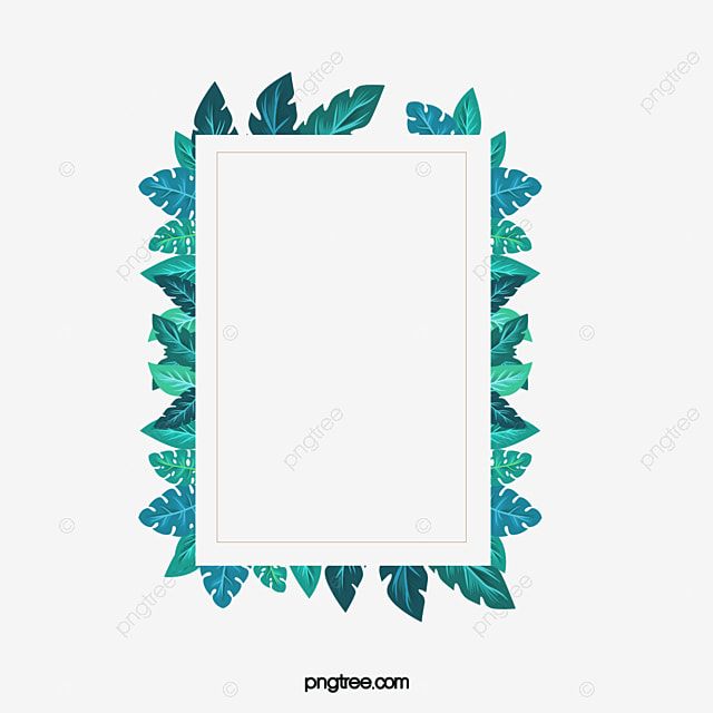 Tropical leaf frame with green and teal foliage surrounding a blank white rectangle for text or photo placement.