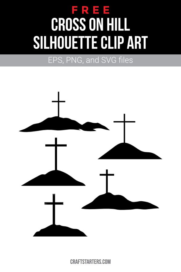 Five black silhouette designs of crosses on hills, available as free EPS, PNG, and SVG clip art.