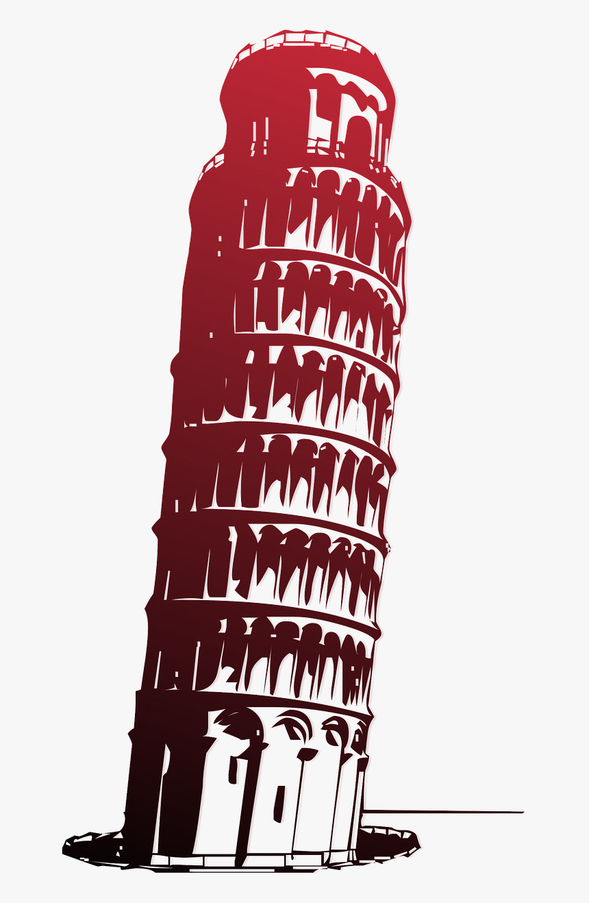 Stylized red silhouette of the Leaning Tower of Pisa with arched galleries and dramatic tilt, set against a white background.