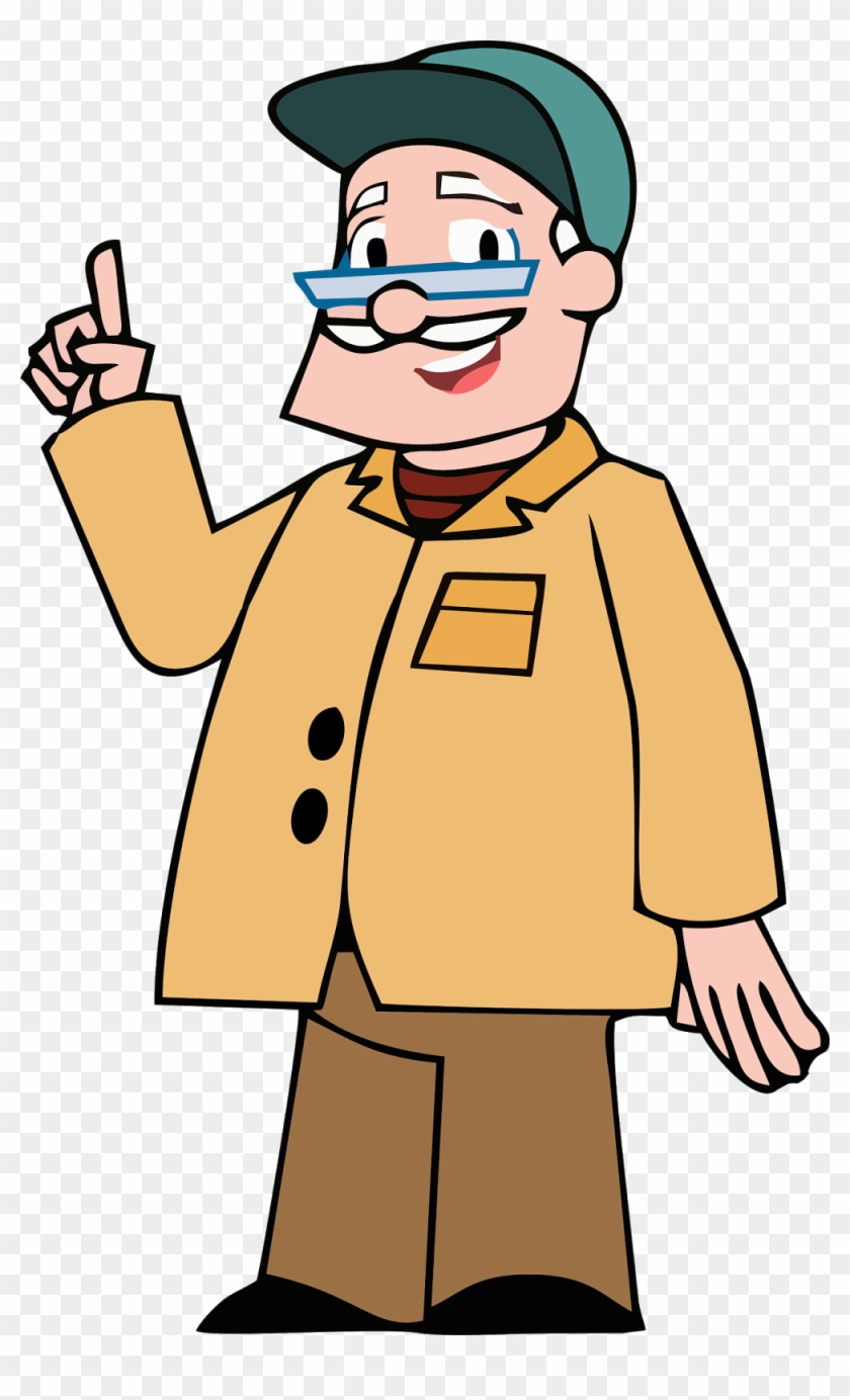 Cartoon man in tan coat, green cap, and blue glasses pointing upward with a smile.