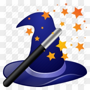 Blue wizard hat with silver-tipped wand and sparkling orange and yellow stars on transparent background.