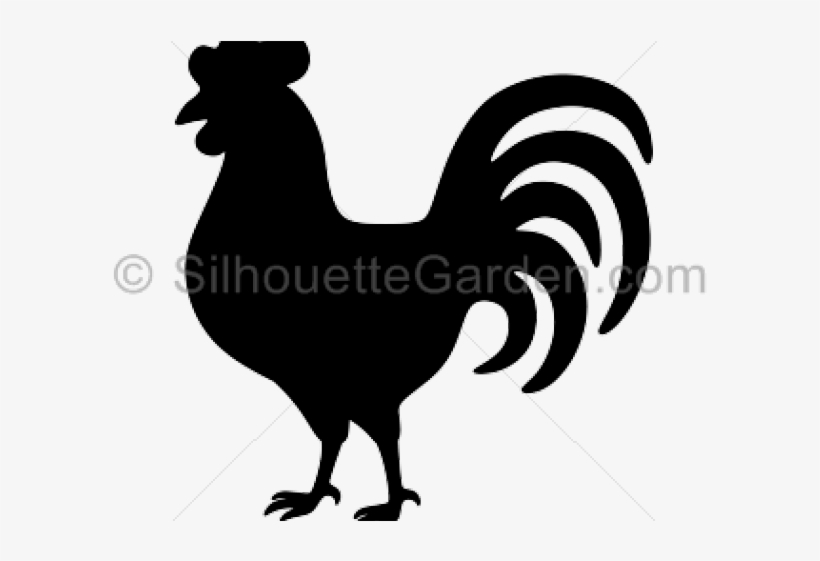 Black silhouette of a rooster standing in profile with prominent tail feathers and comb.