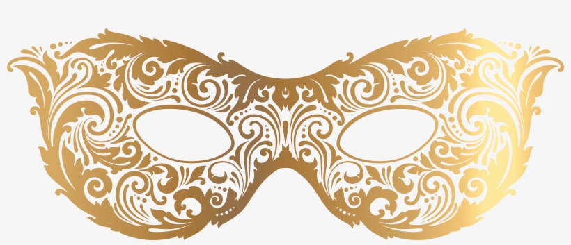 Ornate gold Venetian masquerade mask with intricate white scrollwork and floral patterns.