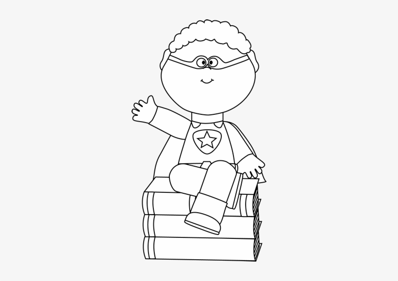 A cartoon superhero child with curly hair, mask, and star emblem sits atop a stack of books, waving cheerfully.