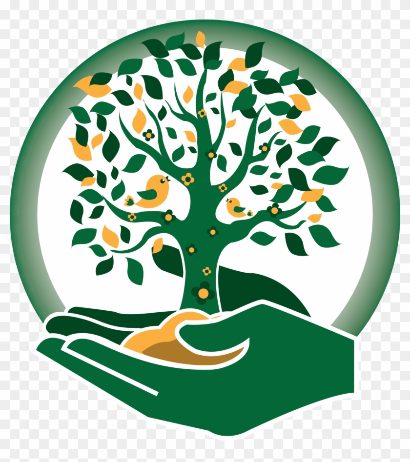 Green tree with birds and flowers cradled in cupped hands inside a circular frame, symbolizing environmental care and sustainability.