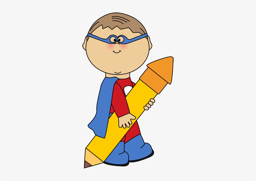 Cartoon boy in superhero costume holding giant pencil, ready to write or draw.