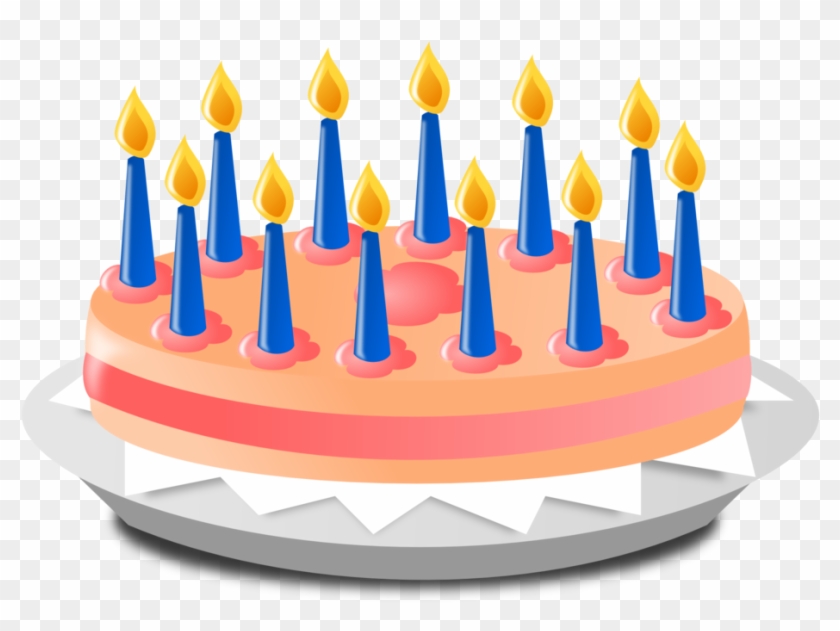 Colorful birthday cake with 12 blue candles and yellow flames on a white plate.