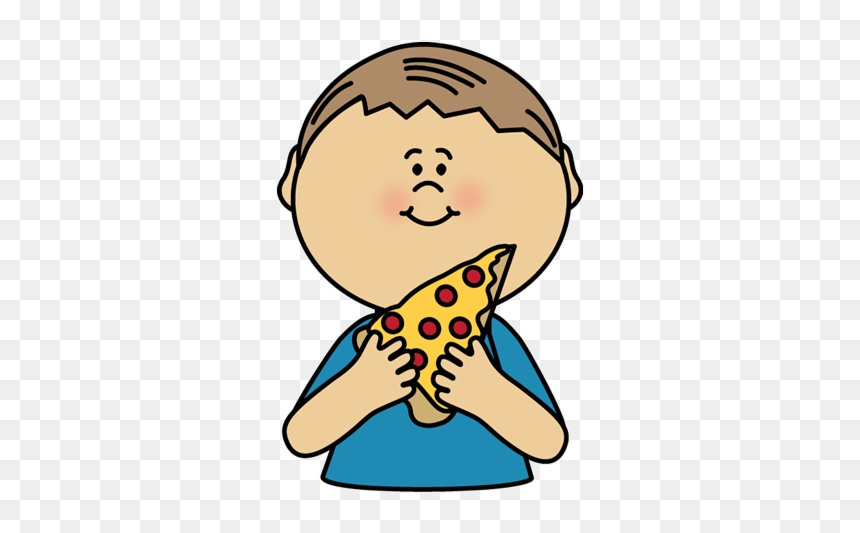 Smiling cartoon boy in blue shirt holding and eating a pepperoni pizza slice.