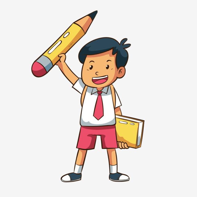 Smiling cartoon boy in school uniform holding giant pencil and textbook, symbolizing learning and education.