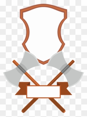 A heraldic emblem featuring a blank shield above two crossed axes with a ribbon banner below, in brown and gray tones.